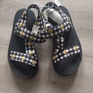 Old Navy Girls Black Sandals with Yellow Floral Plaid Straps